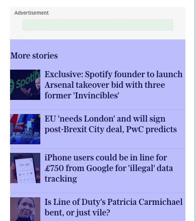 Animazione del sito web di Telegraph. L&#39;elenco delle notizie viene spostato verso il basso quando viene caricato un annuncio al di sopra.