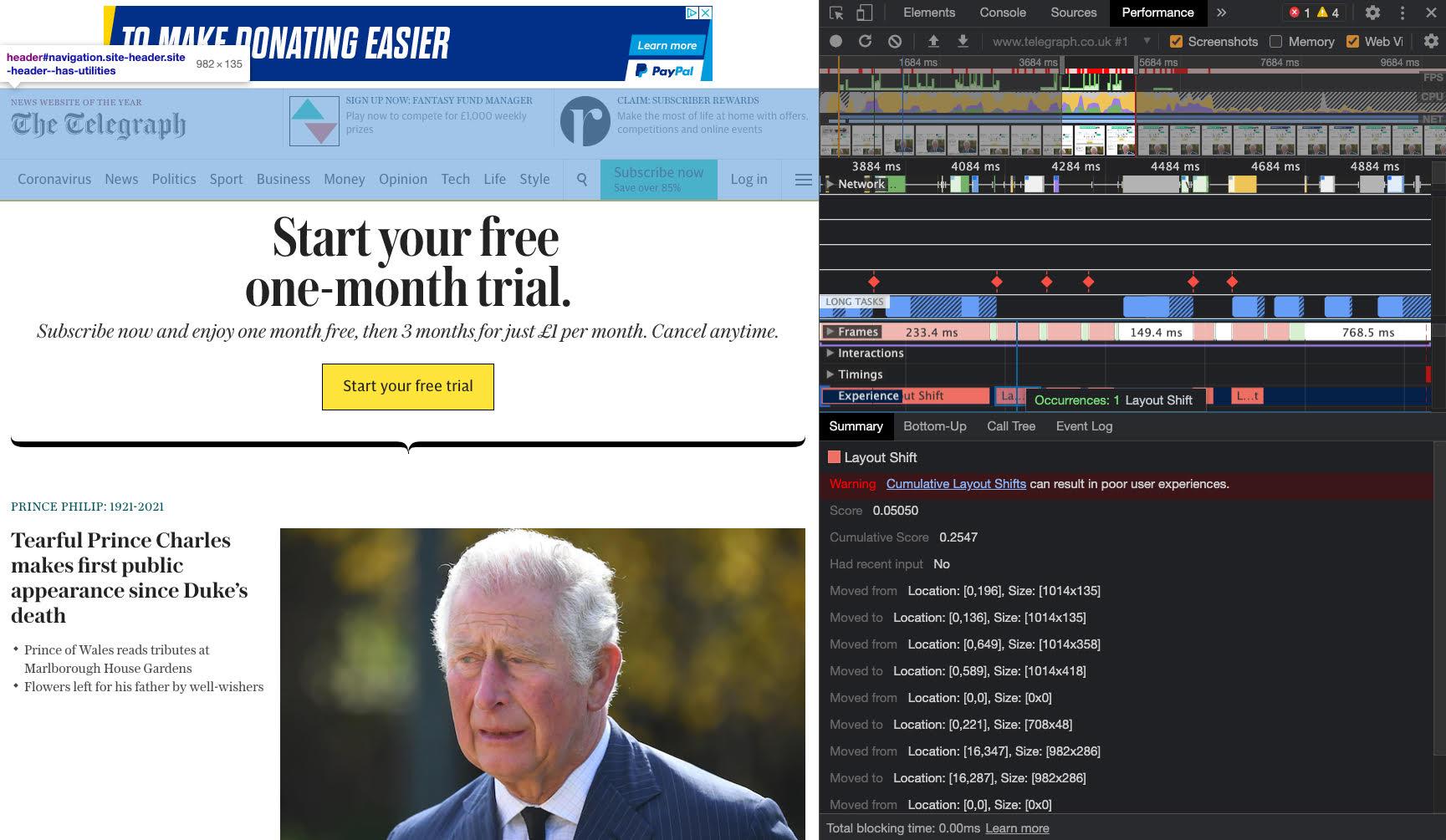 La página principal de Telegraph con un anuncio en el encabezado, destacado con una superposición azul.