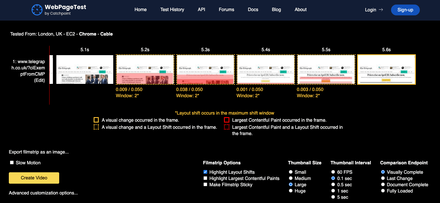 Tampilan filmstrip WebPageTest dari situs Telegraph dengan layoutshift yang ditandai dengan overlay merah.