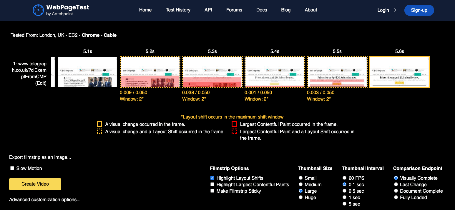 Telegraph ウェブサイトの WebPageTest フィルムストリップ ビュー。Layoutshift が赤色のオーバーレイでハイライト表示されている。