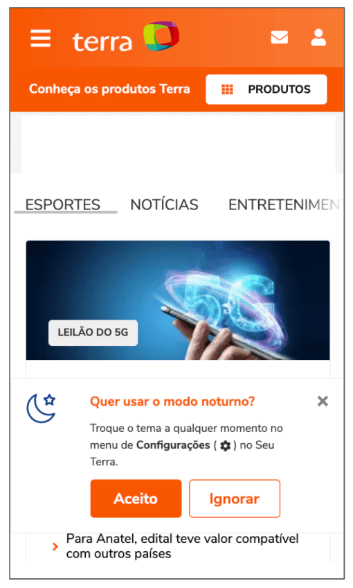 Captura de tela do tema claro do Terra solicitando que o usuário aceite o modo escuro.