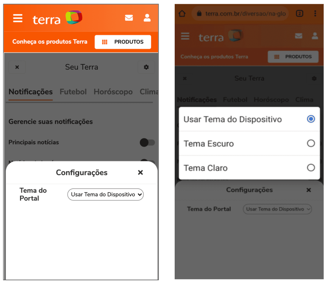 Captures d&#39;écran de l&#39;écran de configuration de Terra permettant d&#39;activer et de désactiver le mode sombre.