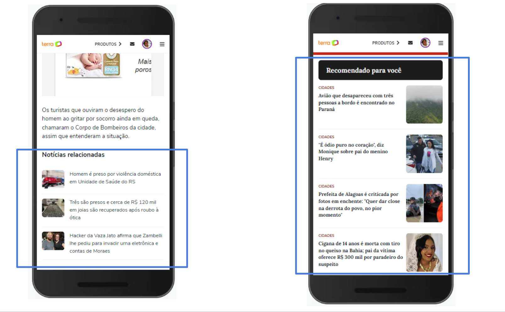 A screenshot of the two sections on the Terra website in which links were prefetched. At left, the 'Related content' section is highlighted, whereas on the right, the 'Recommended for you' section is highlighted.