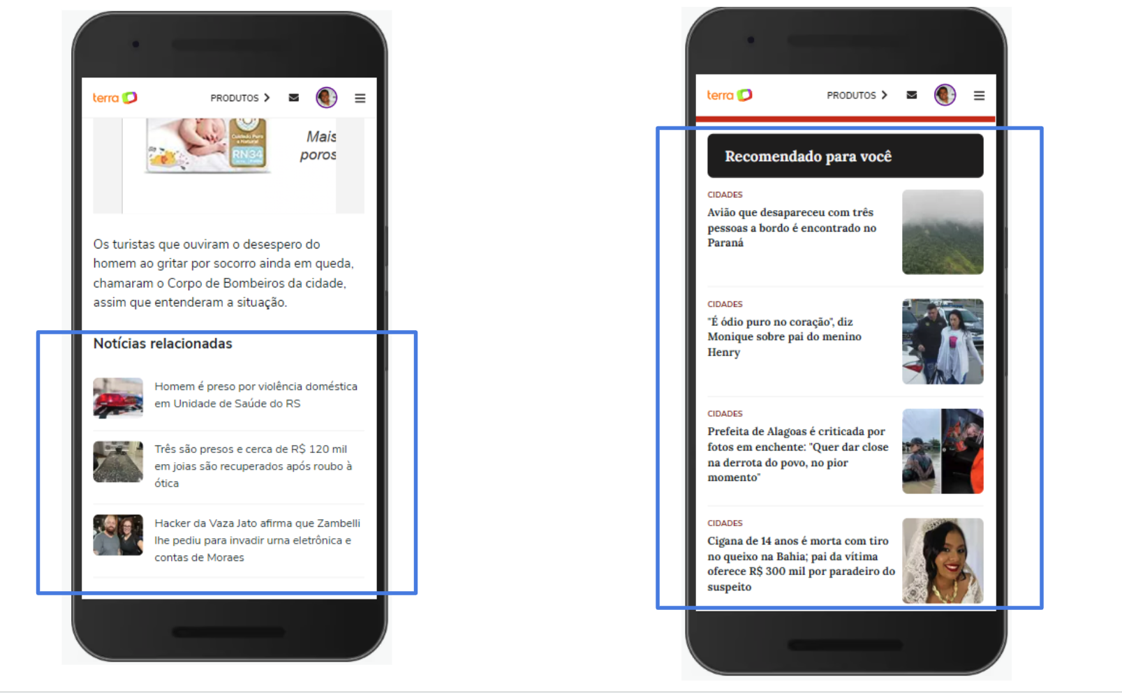 Скриншот двух разделов веб-сайта Terra, ссылки на которые были предварительно загружены. Слева выделен раздел «Похожий контент», а справа — раздел «Рекомендуется для вас».