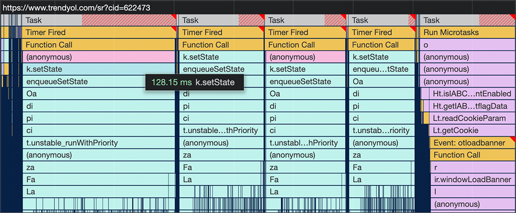 Captura de pantalla de una sesión de generación de perfiles de rendimiento en Chrome DevTools para el PLP de Trendyol. La tarea larga que antes se ejecutaba durante 737.6 milisegundos ahora se divide en varias tareas más pequeñas.