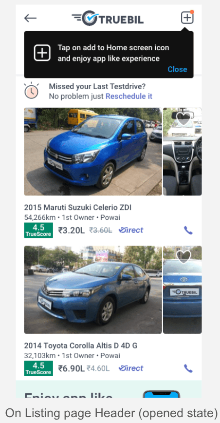 Una captura de pantalla del banner de solicitud de instalación basada en el tiempo de Truebil Lite.