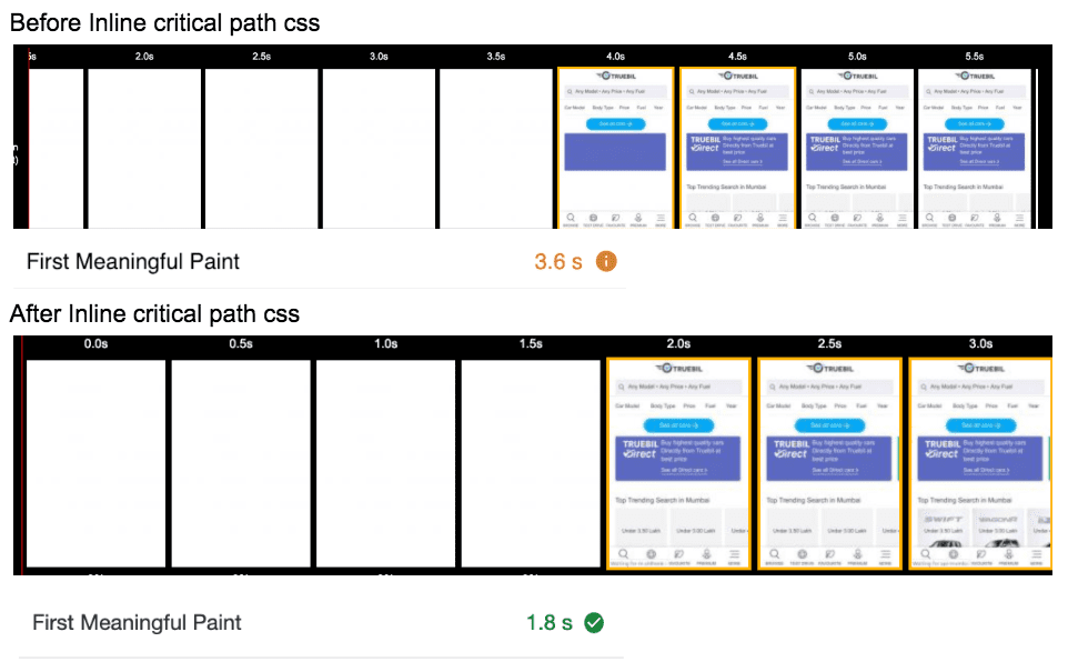 Screenshots of Chrome DevTools showing Truebil Lite's time to First Meaningful Paint before and after inlining CSS.