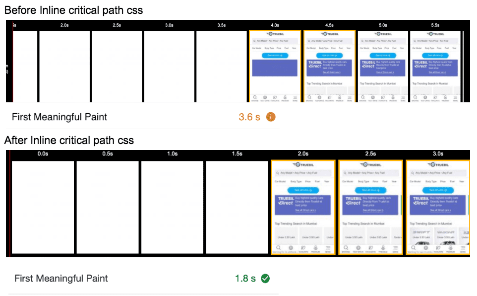 Screenshot di Chrome DevTools che mostrano il tempo impiegato da Truebil Lite per la prima visualizzazione significativa prima e dopo l&#39;incorporamento di CSS.