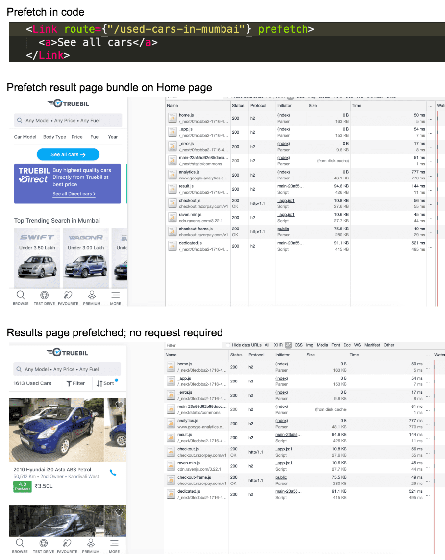 Captures d&#39;écran de l&#39;application Truebil Lit et des outils pour les développeurs Chrome montrant que les requêtes réseau ne sont pas nécessaires dans les navigations courantes, car les éléments ont déjà été préchargés.