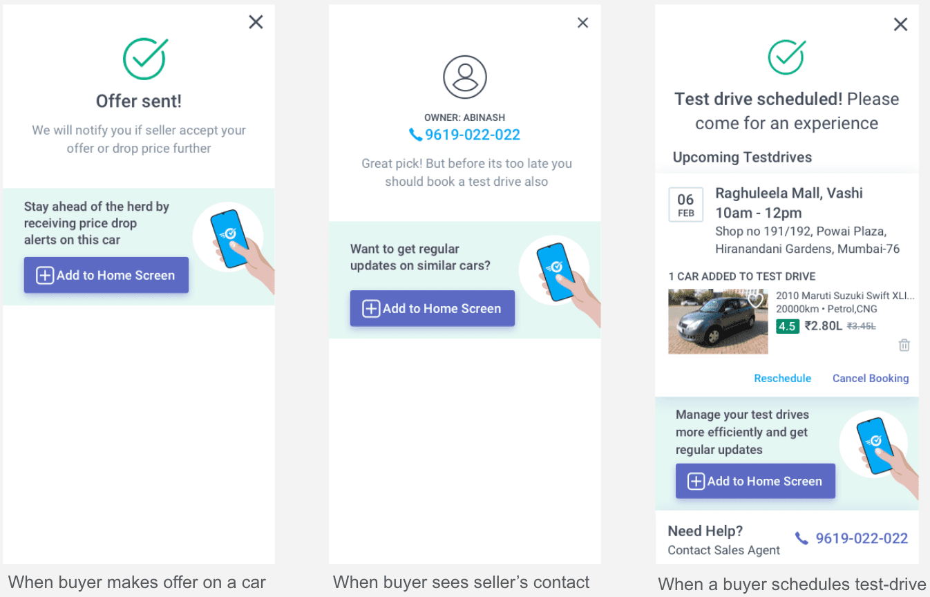 Capturas de pantalla de las solicitudes de instalación contextuales de Truebil Lite para usuarios adultos.