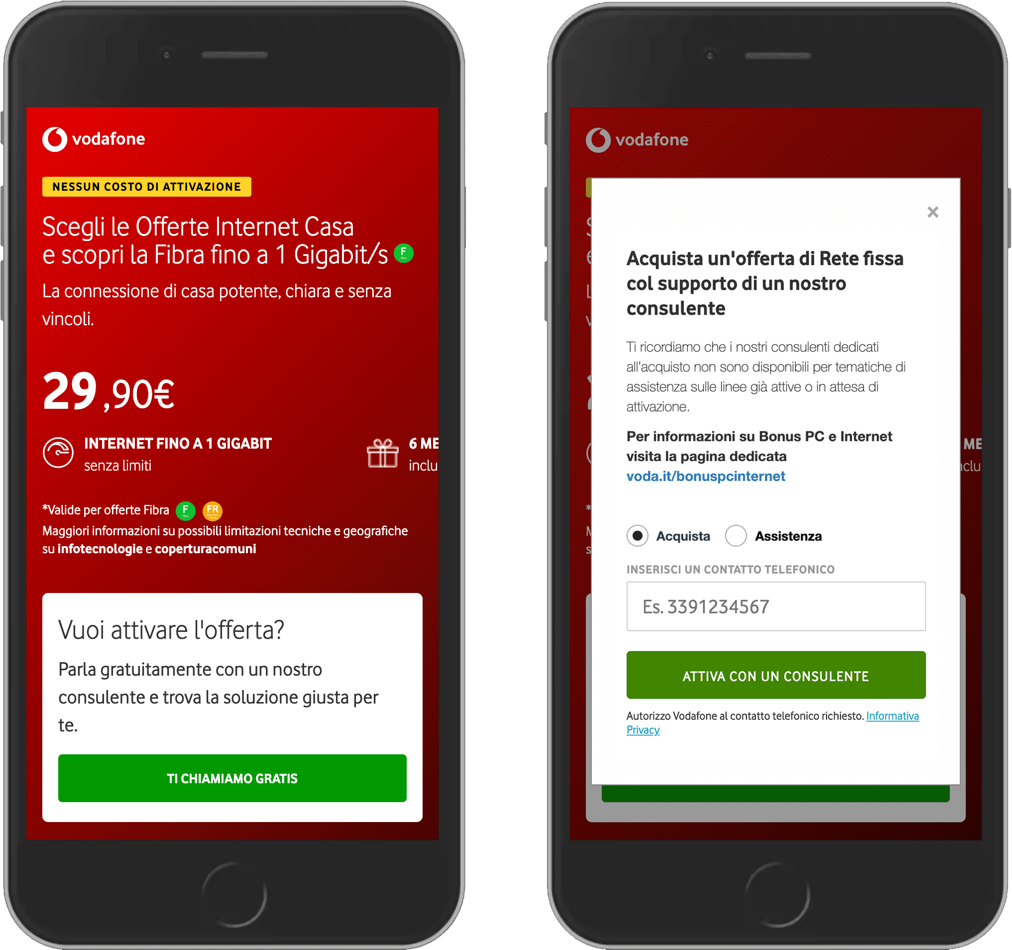 Vodafone 웹사이트의 스크린샷 2개.