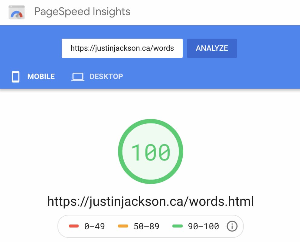 Beispiel für PageSpeed Insights