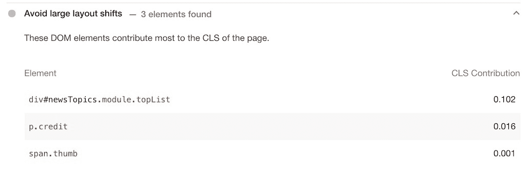 Lighthouse Avoid large layout shifts audit showing DOm elements that contribute the most to the CLS on the page.