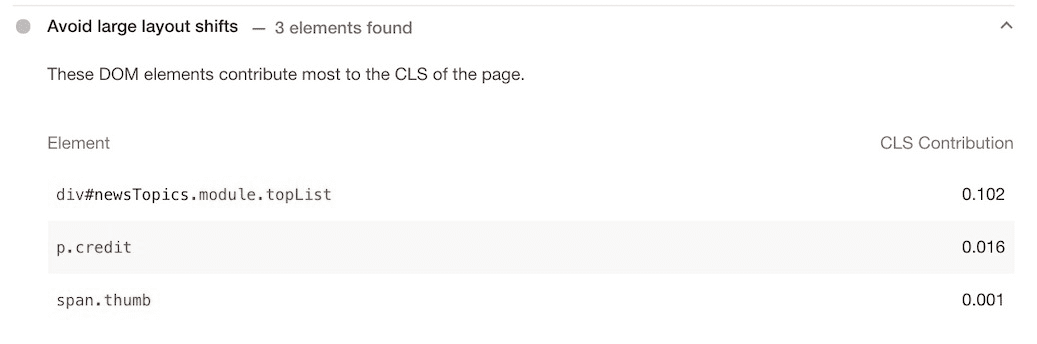 Lighthouse para evitar grandes mudanças de layout mostrando elementos de DOm que mais contribuem para a CLS na página.