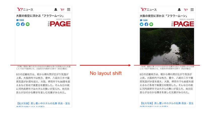 CLS 最適化前後の記事の詳細ページのスクリーンショット。