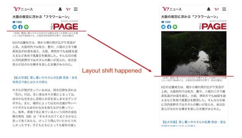レイアウト シフト前後の比較を示す記事詳細ページのスクリーンショット。