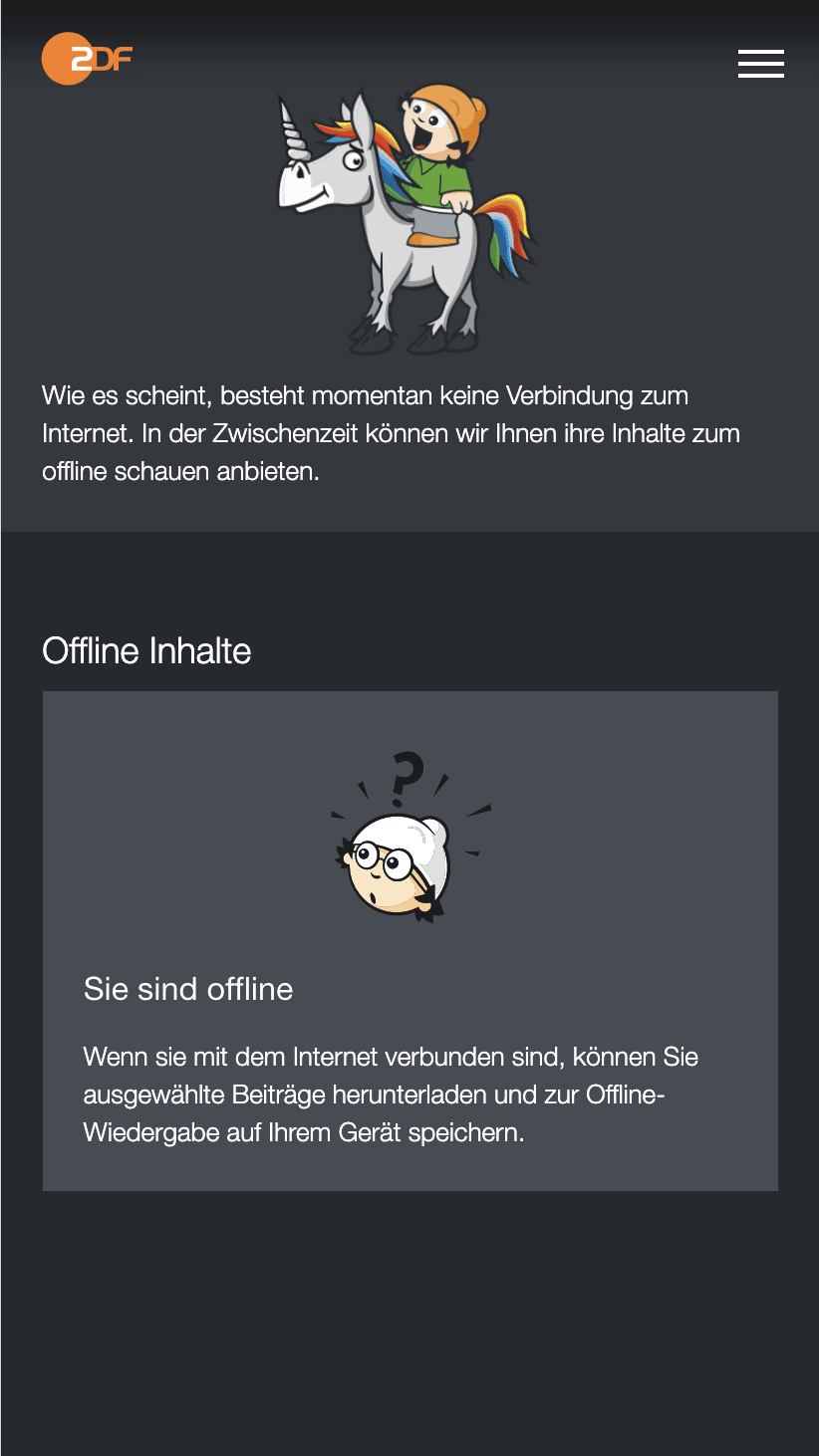 Auf der Offlineseite wird angezeigt, dass keine Inhalte zur Offlinewiedergabe verfügbar sind.