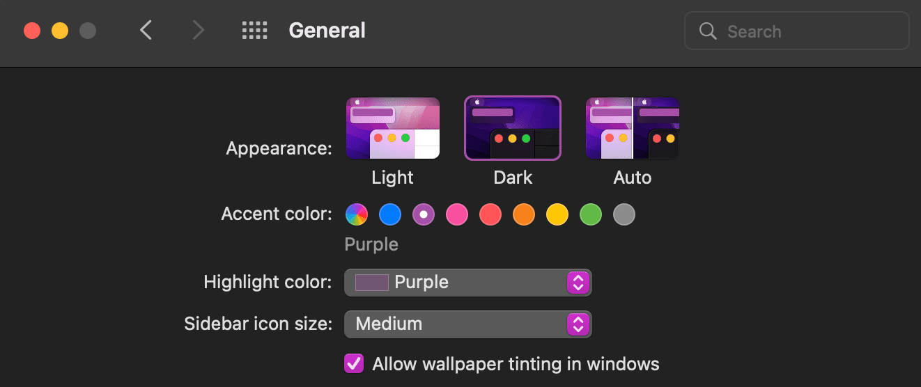 Interface utilisateur des paramètres Mac