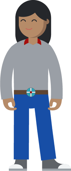 Jane Smith ist groß und hat lange dunkle Haare. Sie trägt ein graues langärmeliges Hemd und Jeans.