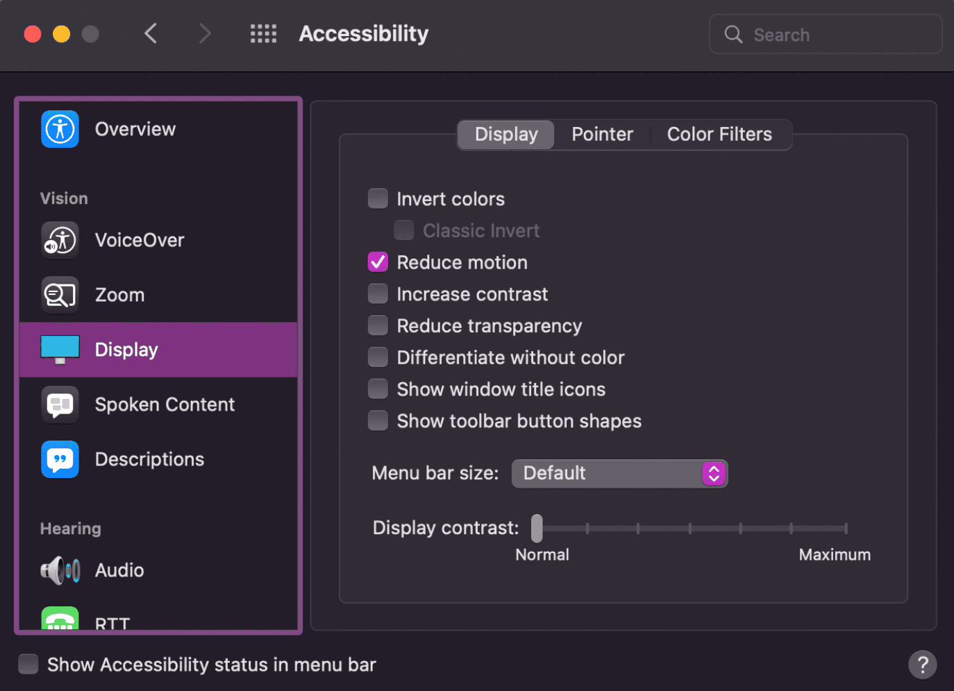 MacOS Display settings UI, where Reduce motion is turned on.