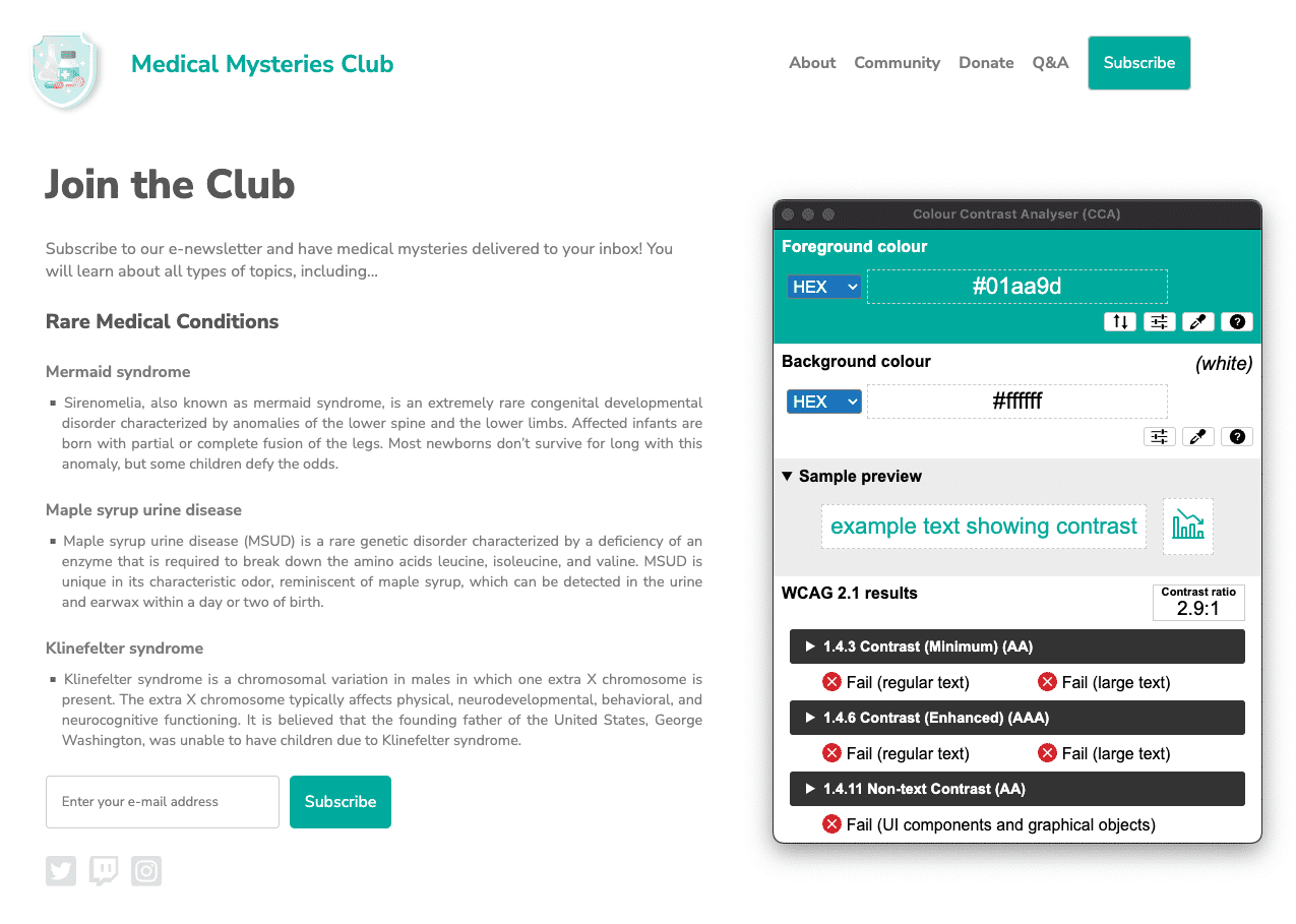 Puntuación de Lighthouse para el nombre del club informado. La relación de contraste del valor de color verde azulado es demasiado baja.