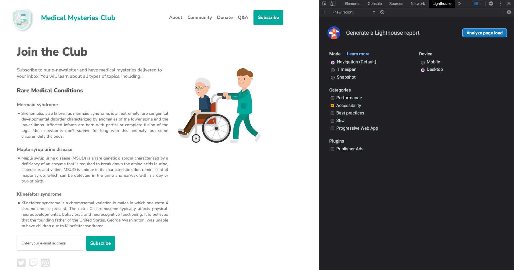 เว็บไซต์ Medical Mystery Club ที่เปิดแผงรายงาน DevTools ของ Lighthouse