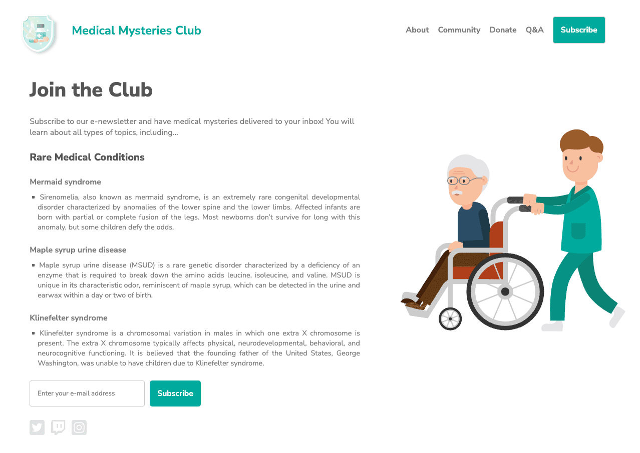 Medical Mystery Club website, outside of the iframe.