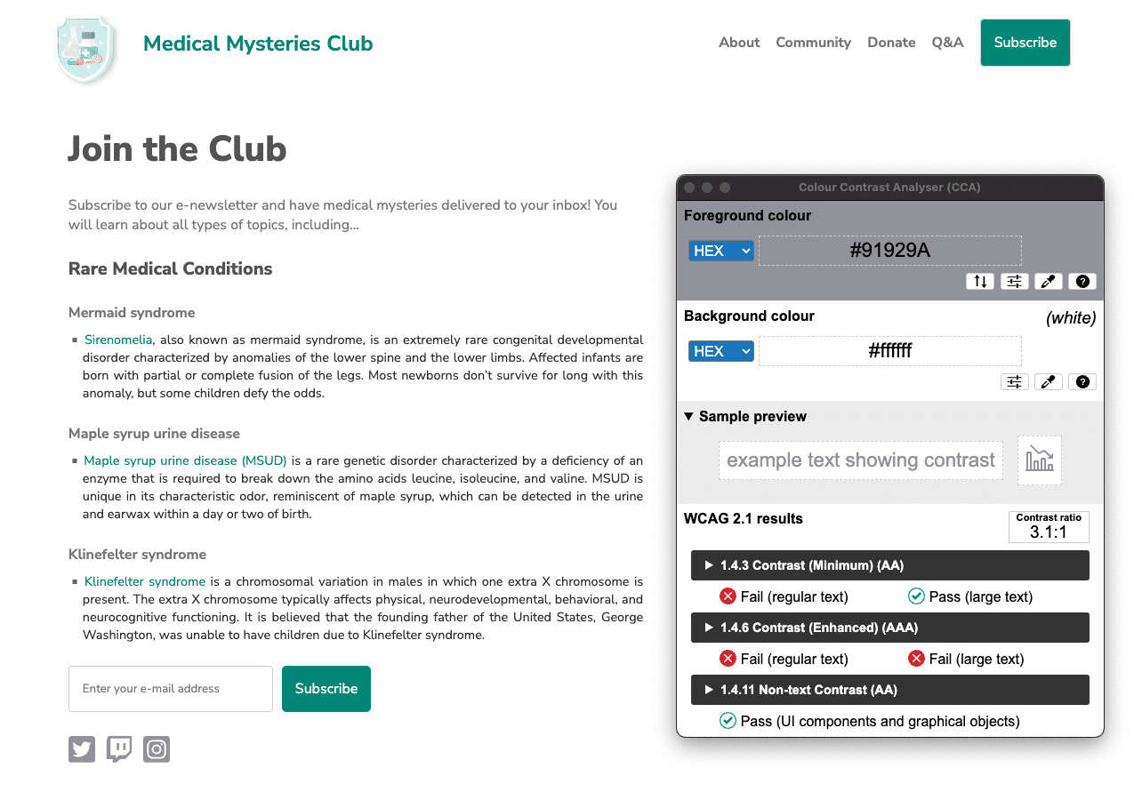 Capture d'écran de la démo avec l'analyseur de couleurs montrant un contraste des couleurs d'icône non conforme.
