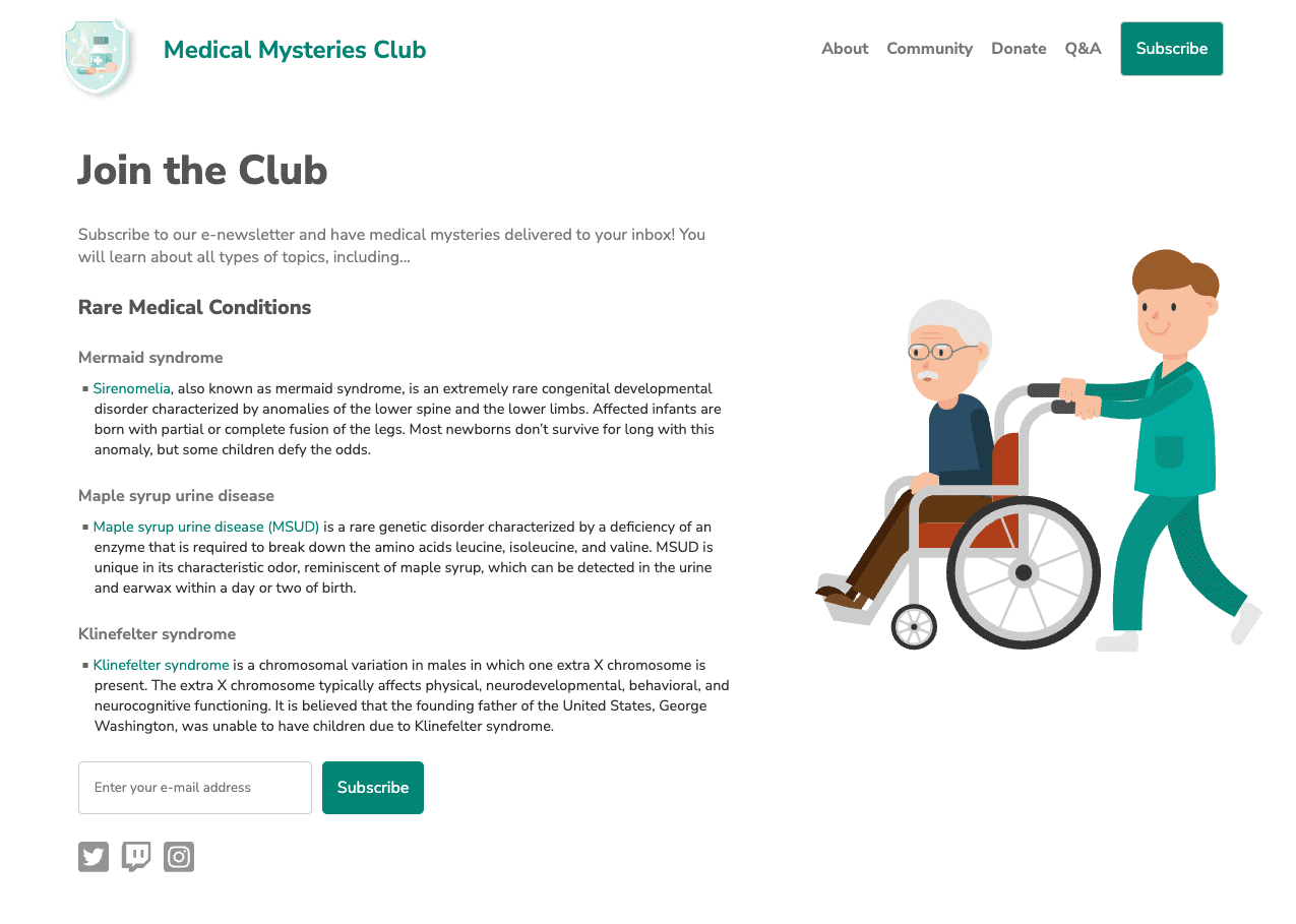 Captura de pantalla del sitio de demostración del Medical Mysteries Club.