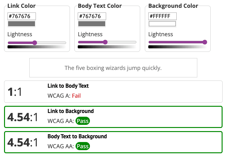 A captura de tela do WebAIM para texto de link mostra que o link para o texto do corpo falha no nível WCAG A.