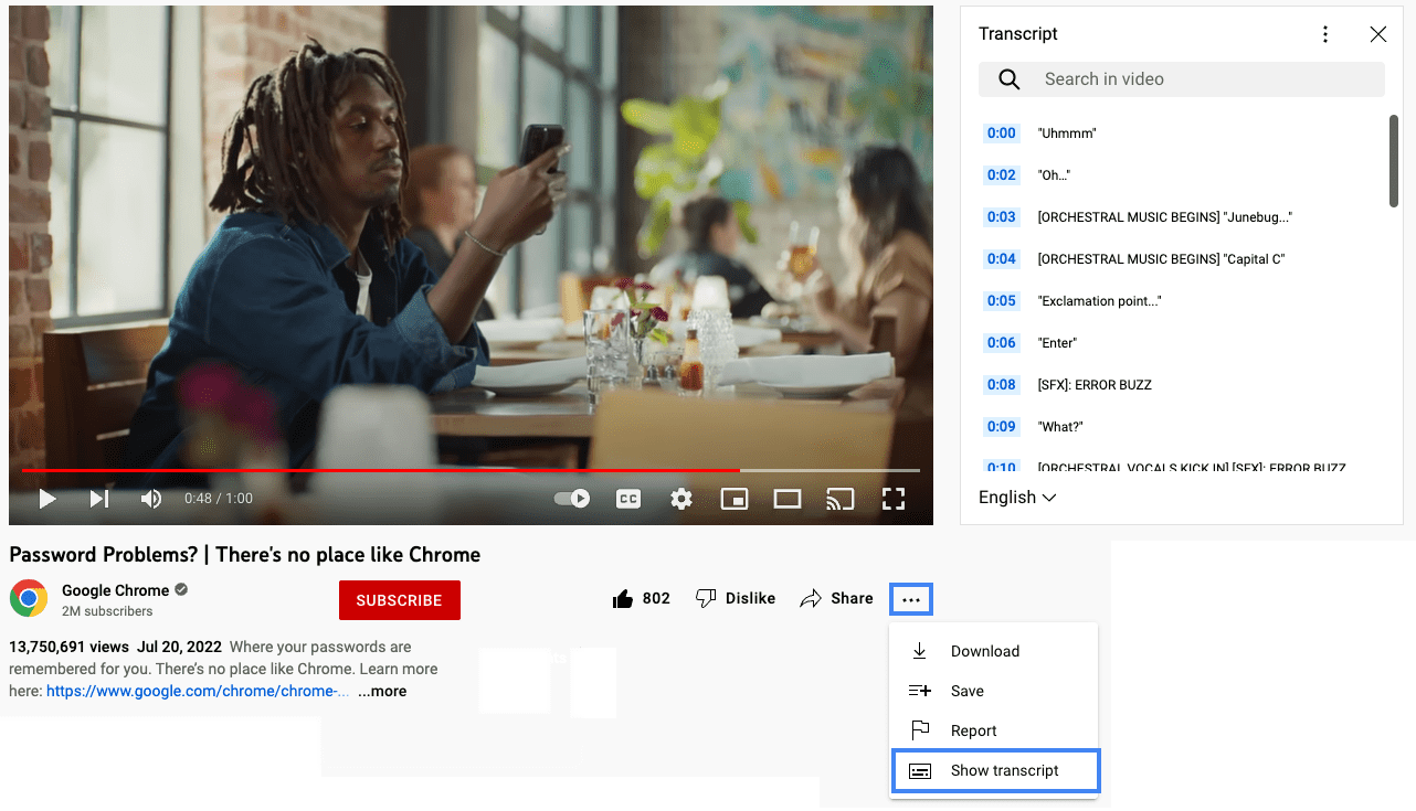 YouTube 上的视频，右侧面板中显示有“转写内容”。访问转写内容的步骤以蓝色突出显示。