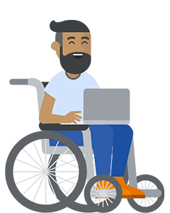 Ein Mann im Rollstuhl, der einen aufgeklappten Laptop in der Hand hält.