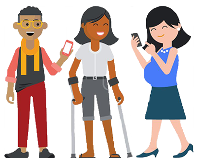 Three people representing temporary and situational disabilities, such as
a pregnant woman and a person on crutches.