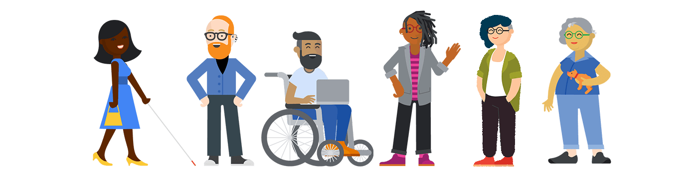 Enam orang yang merepresentasikan berbagai disabilitas. Setiap karakter direpresentasikan.