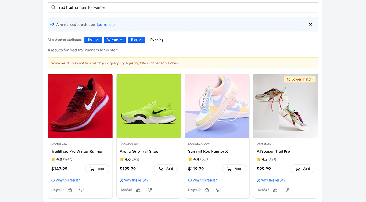 赤いランニング シューズを検索する Shoppe の AI 搭載検索の例。