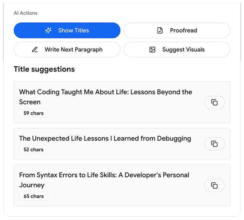 BlogBuddy には、3 つのタイトルの例が用意されています。