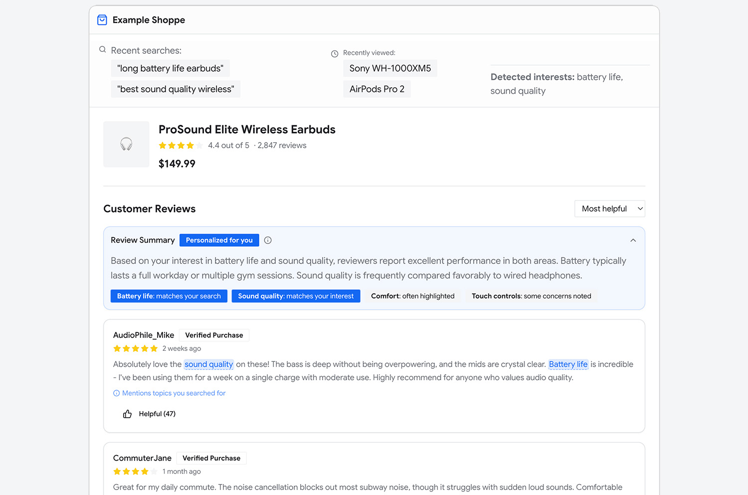 Esempio di schede di recensioni di Example Shoppe.