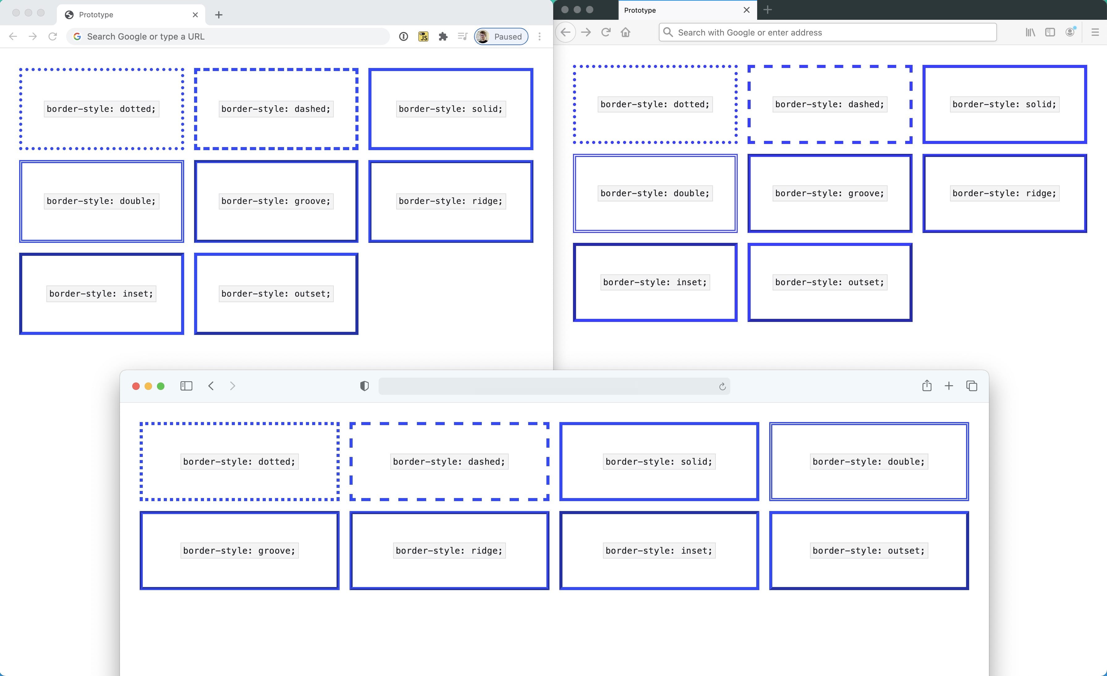 The border demo in Chrome,
  Firefox and Safari which demonstrates the subtle differences
  in how the borders display