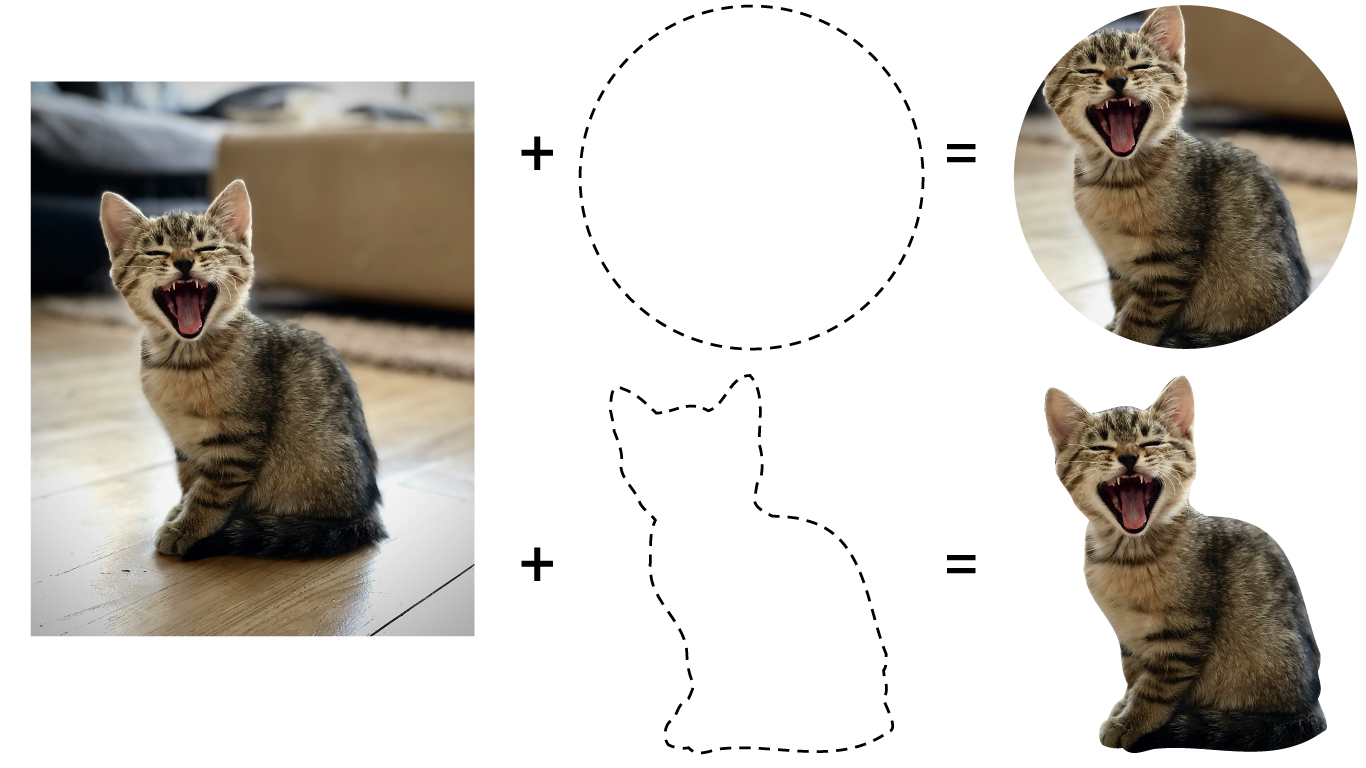 Como o corte pode afetar, em particular, uma imagem: nesta imagem, uma foto de um gatinho é cortada em um círculo e em um caminho de corte complexo que descreve o gatinho por completo.