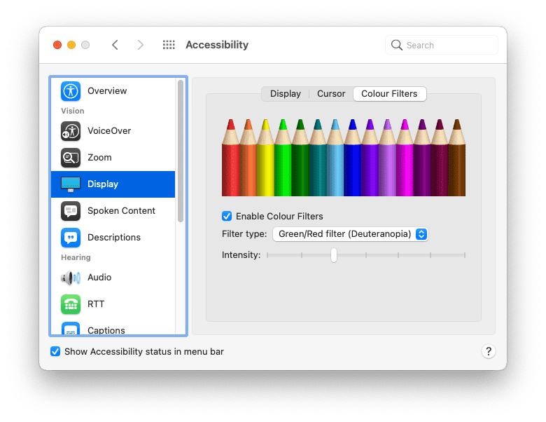 Color filter options in system preferences.