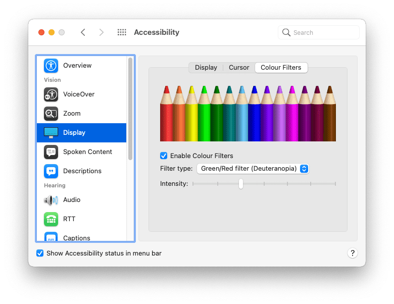 Opsi filter warna dalam preferensi sistem.