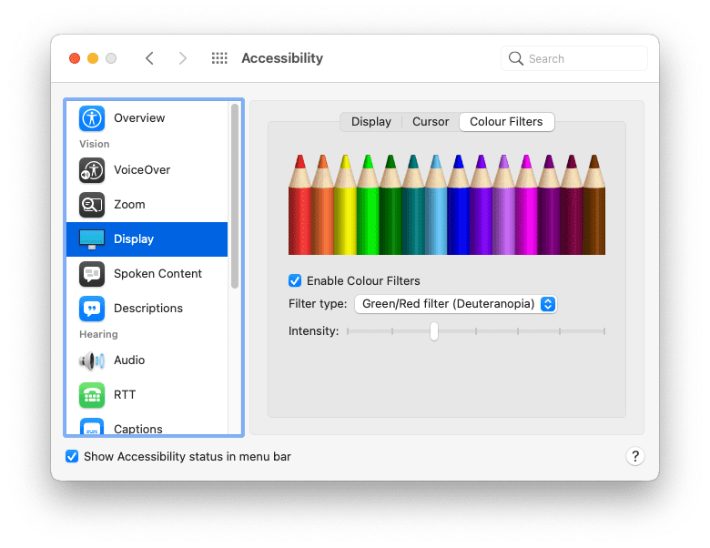 Opciones de filtro de color en las preferencias del sistema