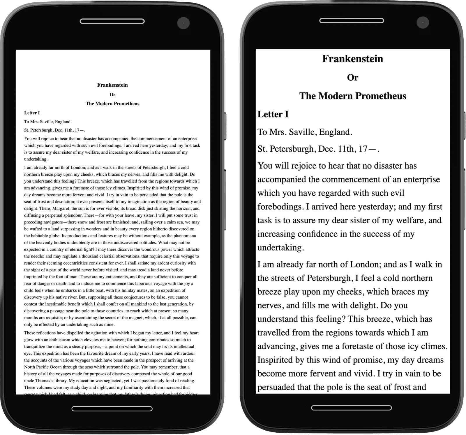 Images of two mobile phones containing text, one appearing zoomed out due to not having the meta tag in place.