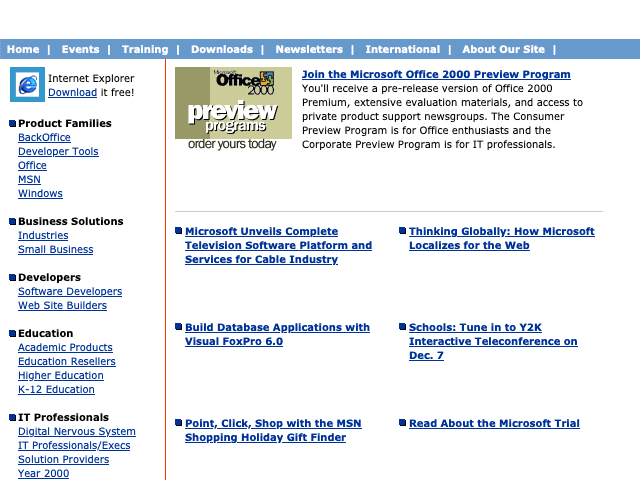 El sitio web de Microsoft con dos columnas de texto sencillas y una barra de navegación.