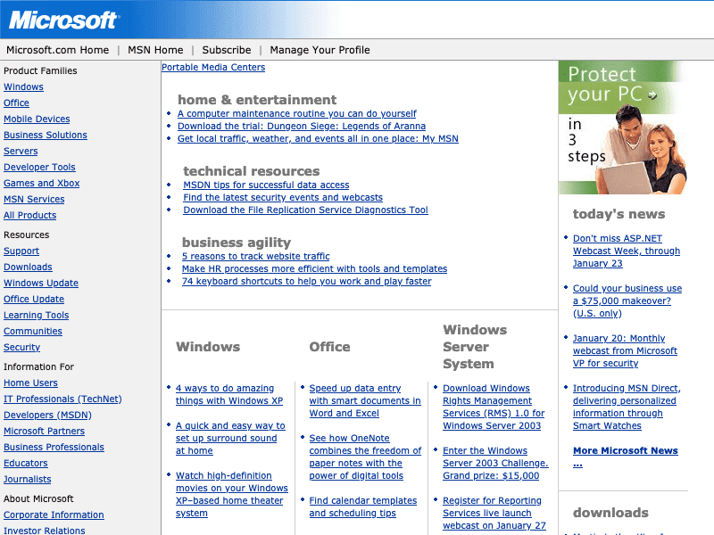 Die Microsoft-Website mit einem dreispaltigen, größtenteils textbasierten Design.