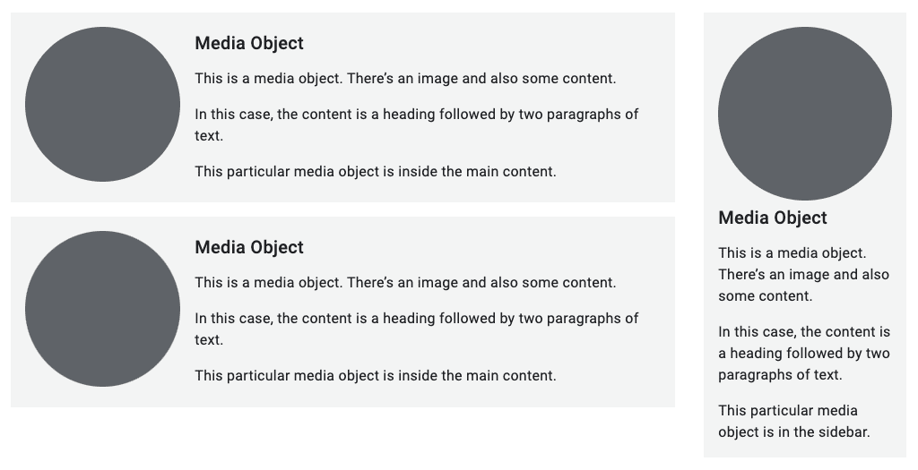 A two column layout, one wide and one narrow. 
The media objects are laid out differently depending on whether they're in the wide or narrow column.