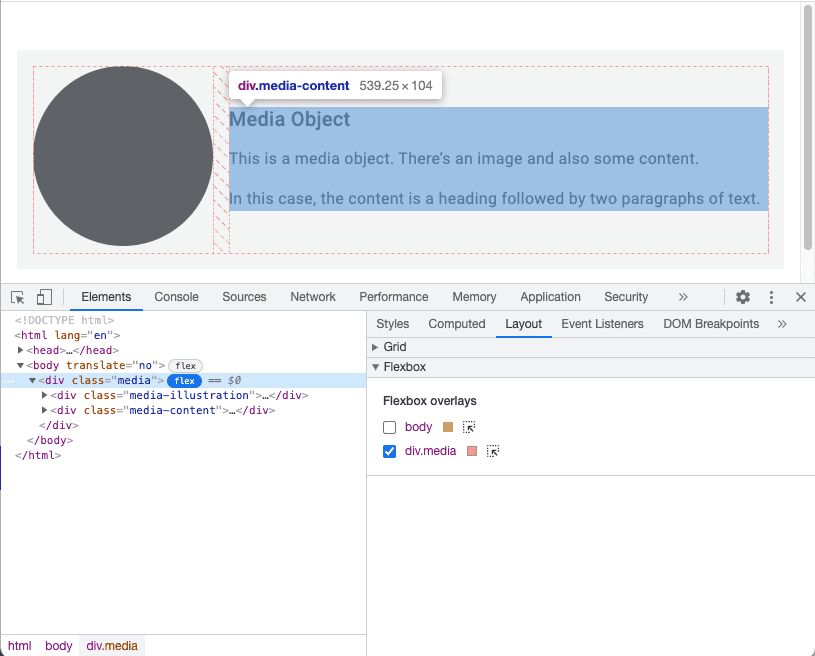 Developer tools in Chrome showing a flexbox overlay.