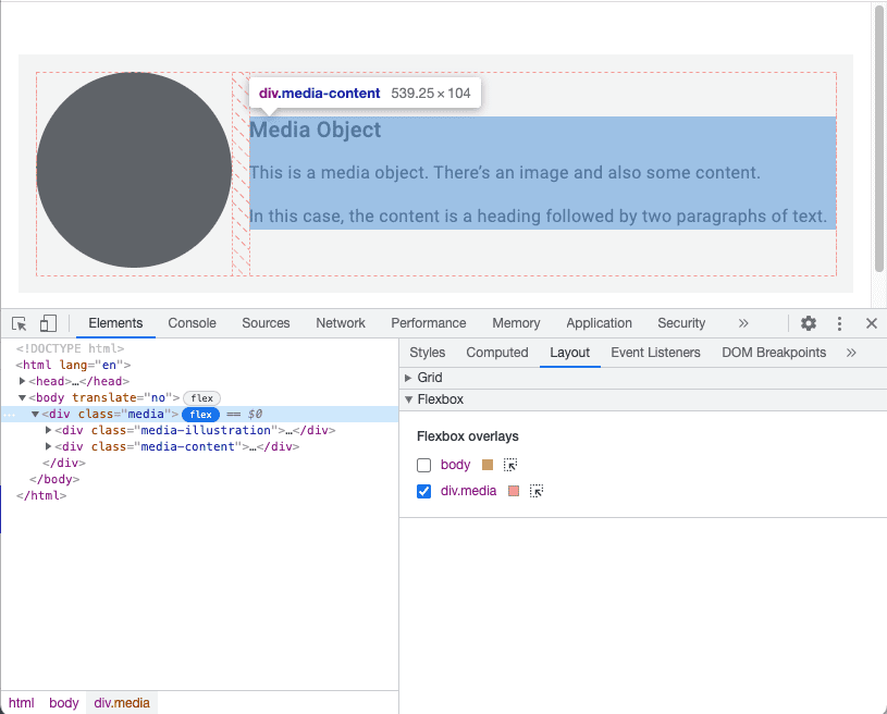 เครื่องมือสำหรับนักพัฒนาซอฟต์แวร์ใน Chrome ที่แสดงการวางซ้อน Flexbox