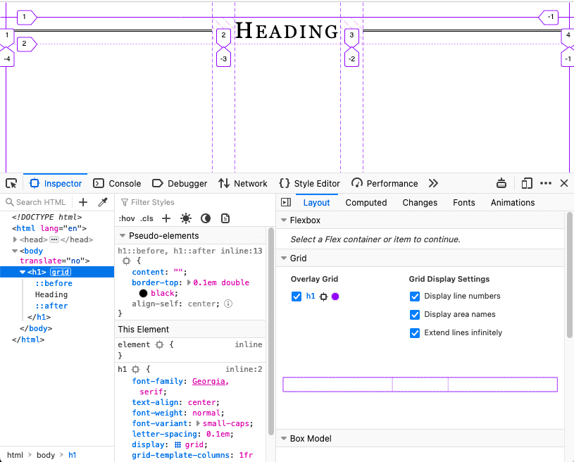 Developer tools in Firefox showing a grid overlay.