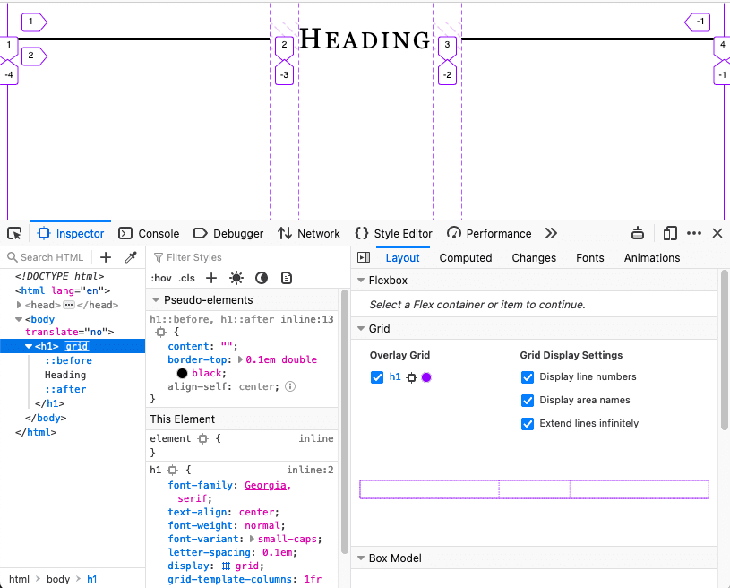 グリッド オーバーレイを表示している Firefox のデベロッパー ツール。